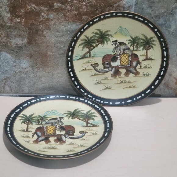 Pair Decorative Ceramic Plate Hand Painted Monkey Riding Elephant - Picture 8 of 10
